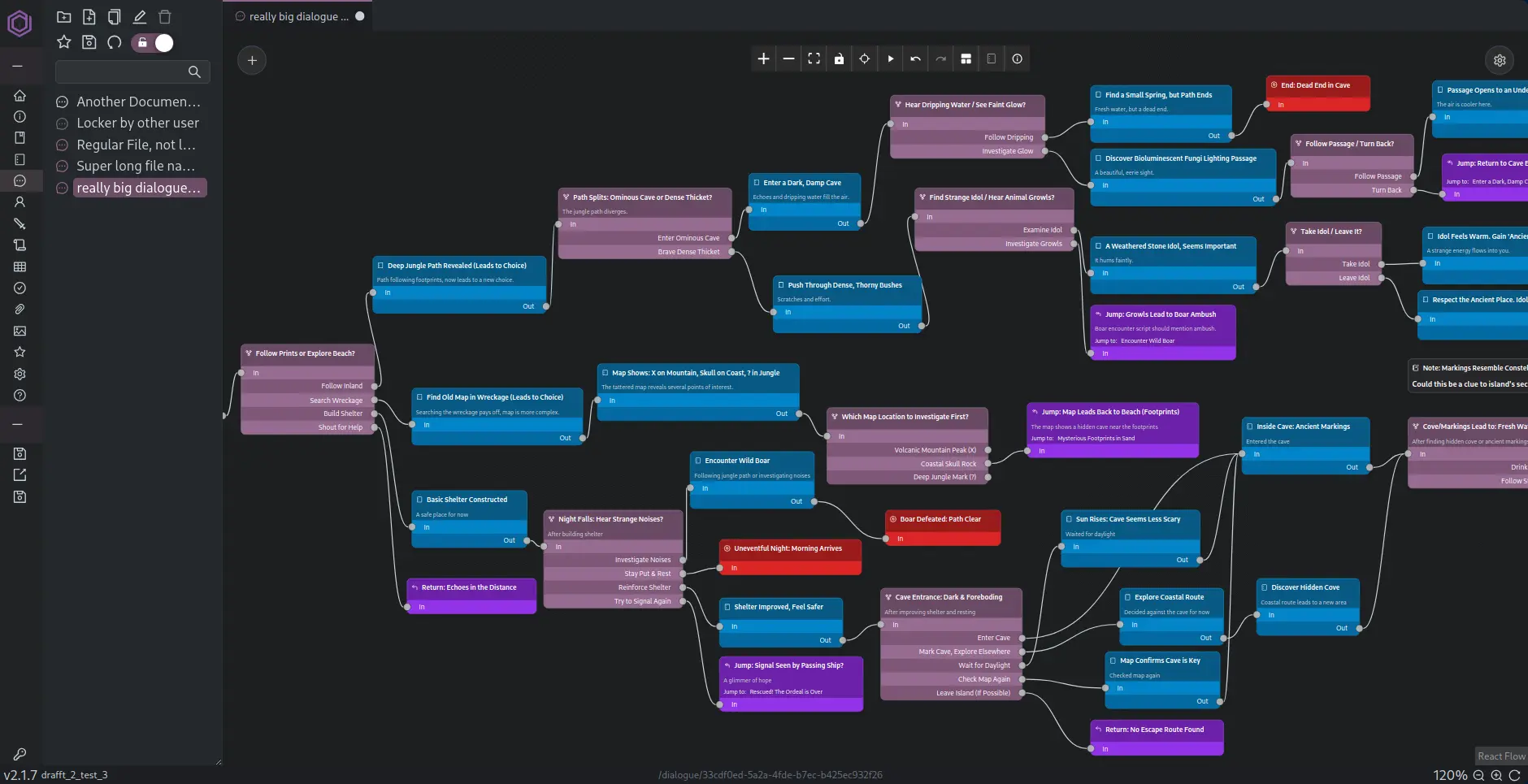 A complex dialogue branching tree in Drafft showing multiple paths and decision points