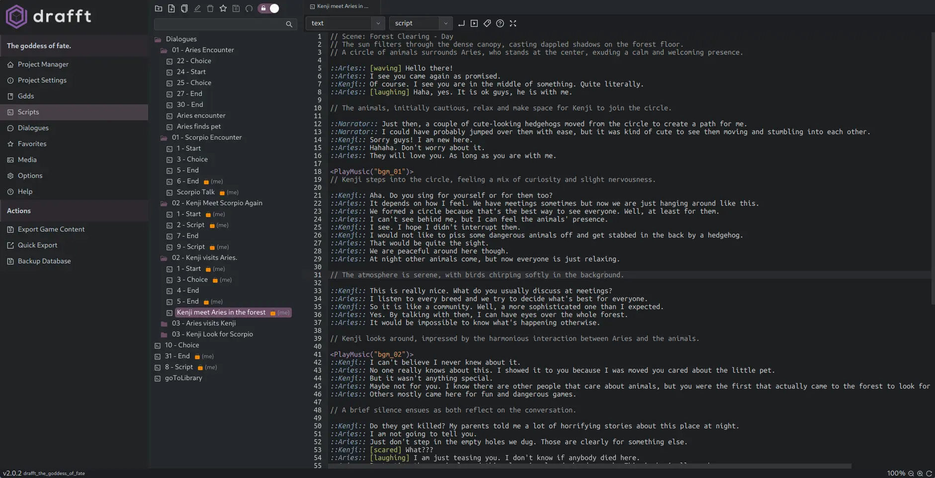 Streamline your scriptwriting with Drafft's powerful scripting editor. Auto-generate screenplays, write in multiple languages, and export to clean JSON for seamless integration with game engines.